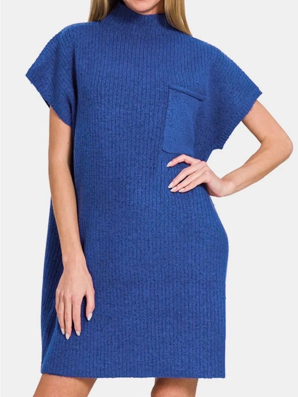 Blue Knit Mini Dress with Pocket